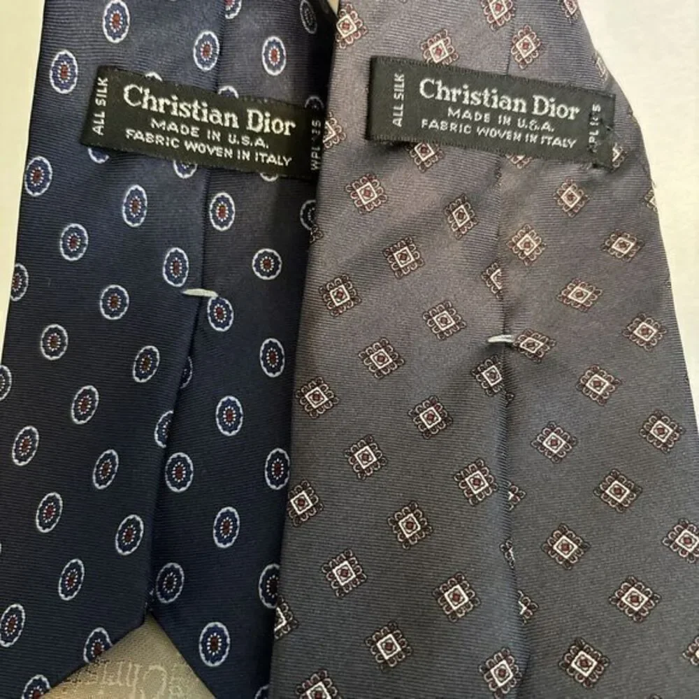 Christian Dior Vintage 2 Ties Navy Blue‎ Dots And Grey Diamonds Logo Necktie